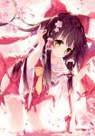  1girl absurdres adjusting_hair arm_up bangs bare_shoulders bow brown_hair bubble cherry_blossoms collarbone eyebrows_visible_through_hair hair_bow hakurei_reimu highres japanese_clothes long_hair long_sleeves looking_at_viewer mochizuki_shiina nontraditional_miko petals red_bow red_ribbon ribbon scan see-through solo touhou water wet yellow_bow yellow_eyes 