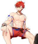  1boy abs blackkdogg ear_clip ear_piercing green_eyes helios_rising_heroes jewelry male_focus mouth_hold navel necklace one_eye_closed otori_akira piercing red_hair red_shorts sandals shorts simple_background sitting white_background wristband 