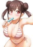  1girl armpits bangs bare_arms bare_shoulders bikini blush breasts brown_hair cleavage collarbone commentary_request double_bun eyebrows_visible_through_hair food highres idolmaster idolmaster_shiny_colors kibihimi large_breasts looking_at_viewer navel popsicle reaching_out red_eyes side-tie_bikini skindentation solo sonoda_chiyoko string_bikini striped striped_bikini swimsuit white_background 