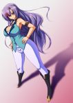  1girl akino_masoho breasts cleavage grey_eyes hands_on_hips large_breasts long_hair looking_to_the_side purple_hair shijou_saya solo super_robot_gakuen super_robot_wars thick_thighs thighs very_long_hair 