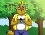  2008 anthro belly camera canid canine clothed clothing eyewear fruitz glasses japanese_text kounosuke_(morenatsu) male mammal morenatsu open_clothing open_shirt open_topwear overweight overweight_anthro overweight_male raccoon_dog shirt solo tanuki text topwear video_games visual_novel 