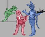  anthro blue_body breasts claws clothed clothing female fluffy fluffy_tail green_body group hijackerdraws_(artist) holding_object humanoid lagomorph leporid lizard machine mammal pole rabbit red_body reptile robot robot_humanoid scalie simple_background smile stripper_pole virtual 