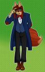 absurd_res anthro bottomwear bow_tie canid canine clothed clothing eyewear footwear fox glasses hair hi_res long_hair male mammal shoes simple_background solo sovietcatparty