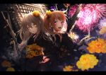  2girls absurdres back-to-back black_kimono blush brown_hair fireworks floral_print flower girls_frontline gun hair_flower hair_ornament heart highres holding holding_weapon japanese_clothes katsuya_228 kimono long_hair long_sleeves looking_at_viewer looking_back multiple_girls nail_polish night open_mouth orange_eyes orange_hair outdoors pipe purple_eyes sash scar scar_across_eye smile teeth ump45_(girls_frontline) ump9_(girls_frontline) weapon yellow_flower yellow_nails yellow_sash 