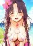  1girl bangs bare_shoulders beach bikini black_hair blush bracelet braid breasts chest_tattoo cleavage facial_mark fate/grand_order fate_(series) flower forehead_mark hair_flower hair_ornament jewelry kurikara large_breasts leaning_forward long_hair looking_at_viewer multicolored_hair navel necklace ocean open_mouth parted_bangs pearl_bracelet pearl_necklace pink_hair sarong seashell_necklace sesshouin_kiara sesshouin_kiara_(swimsuit_mooncancer)_(fate) smile streaked_hair swimsuit tattoo thighs twin_braids very_long_hair white_bikini yellow_eyes 