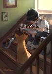  1boy animal bag black_hair black_legwear blurry commentary creature depth_of_field fox highres indoors miniature notebook original otton pencil school_bag school_uniform short_hair shorts sitting slippers snake stairs writing 