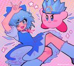  1girl arm_up blue_bow blue_dress blue_eyes blue_hair bow checkered_background cirno closed_mouth commentary crossover dress english_commentary hair_bow highres ice ice_kirby ice_wings kirby kirby_(series) looking_at_viewer open_mouth pinafore_dress power_connection sakuritahsuzuki short_hair sleeveless sleeveless_dress smile star_(symbol) touhou trait_connection wings 