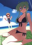  2girls arm_support barefoot beach bikini black_bikini blue_eyes blue_sky closed_mouth cup einhard_stratos green_hair hair_between_eyes heterochromia hibun_tsukasa highres holding holding_cup kneeling lyrical_nanoha mahou_shoujo_lyrical_nanoha_detonation multiple_girls navel one-piece_swimsuit open_mouth purple_eyes sky stern_the_destructor summer swimsuit umbrella 