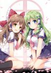  2girls absurdres bangs black_legwear blue_eyes blush bow breasts brown_hair collarbone eyebrows_visible_through_hair fingernails frog_hair_ornament green_hair hair_bow hair_ornament hair_tubes hakurei_reimu highres kochiya_sanae long_hair looking_at_viewer medium_breasts mochizuki_shiina multiple_girls petals pleated_skirt sailor_collar scan shiny shiny_hair shiny_skin short_sleeves simple_background sitting skirt smile snake_hair_ornament socks touhou wariza white_legwear yellow_eyes 