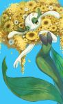  blue_background colored_skin commentary_request falling_petals florges flower from_below hand_up highres looking_down nashimochi_4 parted_lips petals pokemon pokemon_(creature) solo twitter_username white_skin yellow_eyes yellow_flower 