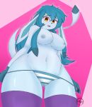  2019 absurd_res amber_eyes anthro areola awintermoose belly big_breasts blue_body blue_hair blue_nipples breasts camel_toe clothed clothing curvaceous curvy_figure eeveelution female glaceon gloves_(marking) hair hi_res legwear long_ears long_hair markings multicolored_body nintendo nipples panties partially_clothed pok&eacute;mon pok&eacute;mon_(species) simple_background snowcone_(awintermoose) solo thigh_highs underwear undressing video_games volumptous voluptuous 