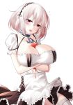  1girl azur_lane blush breasts choker cleavage dress eyebrows_visible_through_hair frilled_choker frills hair_between_eyes highres large_breasts medium_hair red_eyes scrunchie simple_background sirius_(azur_lane) solo white_dress white_frills white_hair white_legwear wrist_scrunchie yan_lie 