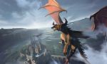  artist_name castle cloud cloudy_sky commentary day dragon fantasy flying forest landscape miso_katsu mountain nature no_humans original outdoors scenery sky western_dragon wings 