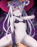  1boy 1girl abigail_williams_(fate/grand_order) abigail_williams_(swimsuit_foreigner)_(fate) bangs bare_shoulders bikini black_bikini black_bow blush bottomless bow breasts closed_mouth collarbone cum cum_in_pussy double_bun fate/grand_order fate_(series) forehead girl_on_top glowing glowing_eyes gradient gradient_background hat hetero keyhole licking_lips long_hair looking_at_viewer micro_bikini multiple_bows navel orange_bow parted_bangs purple_background pussy red_eyes renetan sex sidelocks sitting sitting_on_person small_breasts smile spread_legs straddling swimsuit tentacles thighs third_eye tongue tongue_out vaginal very_long_hair white_hair white_skin 