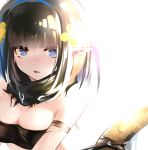  1girl arknights arm_strap bandeau bangs black_hair black_scarf blue_eyes breasts cleavage commentary eunectes_(arknights) fang highres looking_at_viewer parted_lips pointy_ears scarf shionji_ax short_hair simple_background snake_tail solo strapless tail tubetop upper_body white_background 
