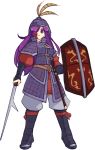  1girl belt boots burn_scar commentary english_commentary frown full_body gambeson helmet holding holding_shield holding_weapon ikezawa_hanako katawa_shoujo knee_boots legs_apart long_hair looking_at_viewer puffy_pants purple_eyes purple_hair rtil scar serious sheath sheathed shield simple_background solo standing sword weapon white_background 