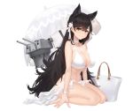  1girl animal_ears atago_(azur_lane) atago_(midsummer_march)_(azur_lane) azur_lane bag bangs beach_umbrella bikini black_hair blush breasts choker cleavage edward_montenegro extra_ears flower hair_flower hair_ornament large_breasts long_hair looking_at_viewer mole mole_under_eye ribbon sarong seiza simple_background sitting smile solo swept_bangs swimsuit turret umbrella white_background white_bikini white_choker white_ribbon white_sarong white_swimsuit yellow_eyes 