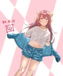  1girl alternate_costume artist_logo blue_jacket blue_shorts bow commentary_request dated denim denim_shorts dutch_angle hair_bow highres jacket kamikaze_(kantai_collection) kantai_collection ld long_hair outstretched_arms purple_hair red_eyes shirt shorts smile solo t-shirt tied_shirt two-tone_background white_shirt yellow_bow 