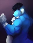 2016 5_fingers anthro biped black_hair blue_body blue_eyes blue_skin blue_tail cyan_yoshi fighting_pose fingers fist front_view gradient_background hackel hair herutastic hi_res male mario_bros multicolored_body multicolored_skin muscular muscular_arms nintendo nude pose purple_background side_view simple_background solo standing tail teeth two_tone_body two_tone_skin white_body white_skin yoshi