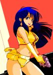  1girl black_eyes blue_hair breasts cleavage crop_top dirty_pair gun highres holding holding_gun holding_weapon k1y054 looking_at_viewer midriff navel oldschool solo weapon yuri_(dirty_pair) 