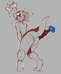  anthro blush bodily_fluids broken_horn butt claws clothed clothing dialogue dialogue_box disembodied_hand female hi_res hijackerdraws_(artist) horn kobold open_mouth partially_clothed simple_background solo sweat 
