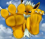  3_toes alternate_version_at_source ambiguous_gender anthro barefoot black_inner_ear claws eeveelution fangs feet foot_focus fur jolteon long_ears looking_down multicolored_body multicolored_fur nintendo no_sclera paws pok&eacute;mon pok&eacute;mon_(species) signature sky soles toe_claws toes tuft video_games white_body white_fur xptzstudios yellow_body yellow_fur 