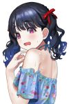  1girl absurdres andoplus bangs bare_shoulders black_hair blue_shirt commentary_request eyebrows_visible_through_hair fangs film_grain floral_print fukumaru_koito hair_ribbon halterneck highres idolmaster idolmaster_shiny_colors looking_at_viewer looking_to_the_side medium_hair off-shoulder_shirt off_shoulder open_mouth print_shirt purple_eyes red_ribbon ribbon shirt short_sleeves skin_fangs solo sweat sweatdrop twintails upper_body white_background 