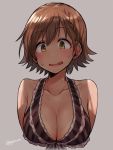  1girl bangs bare_shoulders bikini blush breasts brown_eyes brown_hair cleavage collarbone commentary_request eyebrows_visible_through_hair frilled_bikini frills front-tie_bikini front-tie_top gojarun hair_between_eyes highres honda_mio idolmaster idolmaster_cinderella_girls large_breasts looking_at_viewer open_mouth shadow short_hair simple_background solo swimsuit tan tanline twitter_username upper_body 