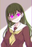  1girl alternate_eye_color breasts brown_dress closed_mouth collarbone commentary_request dress glowing glowing_eyes goldluck green_hair hair_ornament hairclip hasu_no_sora_school_uniform highres link!_like!_love_live! long_hair long_sleeves looking_at_viewer love_live! medium_breasts missing_texture_(source) neckerchief oogami_sachi pink_eyes raised_eyebrow sailor_collar sailor_dress school_uniform smile solo split_mouth straight_hair swept_bangs upper_body white_sailor_collar winter_uniform yellow_neckerchief 