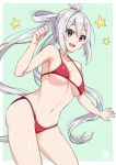  1girl :d ahoge aqua_background bangs bare_arms bare_shoulders bikini blush border breasts collarbone contrapposto hair_rings hand_up long_hair looking_at_viewer matoi_(pso2) medium_breasts navel nyanmaru_(ememing) open_mouth outside_border phantasy_star phantasy_star_online_2 red_bikini red_eyes round_teeth sidelocks silver_hair simple_background smile solo star_(symbol) stomach swimsuit teeth thighs twintails twitter_username underboob upper_teeth very_long_hair white_border 