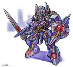 autobot blue_eyes highres holding holding_shield holding_sword holding_weapon looking_at_viewer mecha no_humans oomasa_teikoku optimus_prime shield standing sword transformers transformers:_the_last_knight transformers_(live_action) weapon white_background 