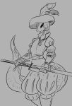  anthro clothed clothing collar female flat_chested hat headgear headwear hi_res hijackerdraws_(artist) holding_object holding_weapon melee_weapon monochrome reptile scalie scar simple_background snake solo sword weapon 