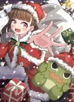  1girl alternate_costume black_pantyhose blurry blurry_background bow box capelet clumsy commentary_request dress dropping fur-trimmed_capelet fur-trimmed_dress fur_trim gift gift_box gonzales_(love_live!) green_bow highres holding holding_sack kachimachi_kosuzu link!_like!_love_live! love_live! open_hand open_mouth outstretched_arm pantyhose pink_eyes reaching red_capelet red_dress sack sack_behind_back santa_costume santa_dress secret_christmas_(love_live!) solo tange_murasaki tree-topper virtual_youtuber wide-eyed 
