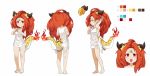  &gt;:) 1girl absurdres ahoge arm_up bangs bare_arms bare_legs bare_shoulders barefoot big_hair breasts chain character_sheet color_guide commentary_request covered_navel dragon_horns dragon_tail dress fire full_body hand_in_hair hand_up hands_up highres horns long_hair looking_at_viewer medium_breasts mg_(ming12140) multiple_views open_mouth original parted_bangs pointy_ears red_eyes red_hair scales see-through_dress simple_background sleeveless sleeveless_dress smile standing tail upper_teeth white_dress yong_(ming12140) 
