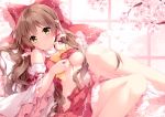  1girl :o absurdres bangs bare_legs bare_shoulders bed_sheet blush bow breasts brown_hair cherry_blossoms detached_sleeves eyebrows_visible_through_hair feet_out_of_frame frilled_bow frilled_pillow frilled_shirt_collar frills groin hair_bow hair_tubes hakurei_reimu hand_up highres indoors lifted_by_self long_hair long_sleeves looking_at_viewer medium_breasts midriff miniskirt mochizuki_shiina navel no_bra no_panties parted_lips petals petticoat pillow red_bow red_skirt scan shadow shiny shiny_hair shiny_skin simple_background sitting skirt skirt_set sleeveless solo stomach thighs touhou tree_branch underboob very_long_hair vest vest_lift wavy_hair wide_sleeves window yellow_bow yellow_eyes yellow_neckwear 