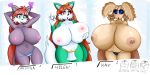  anthro arthropod big_breasts blush breasts cactuscacti canid canine clothed clothing english_text felid feline female fox green_eyes group hair hi_res holding_breast huge_breasts hyper hyper_breasts inner_ear_fluff insect lepidopteran loincloth long_hair mammal minda moth nipples open_mouth red_hair simple_background text topless tuft yellow_eyes 