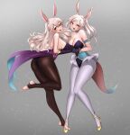  2girls alternate_costume animal_ears armband ass bangs barefoot black_legwear breasts camilla_(fire_emblem) camilla_(fire_emblem)_(cosplay) choker cleavage corrin_(fire_emblem) corrin_(fire_emblem)_(female) cosplay fire_emblem fire_emblem_awakening fire_emblem_fates fire_emblem_heroes hairband high_heels highres interlocked_fingers jaxdrawz large_breasts long_hair lucina_(fire_emblem) lucina_(fire_emblem)_(cosplay) multiple_girls pantyhose platinum_blonde_hair playboy_bunny pointy_ears rabbit_ears red_eyes robin_(fire_emblem) robin_(fire_emblem)_(female) simple_background sleeveless twintails white_hair white_legwear yellow_eyes 