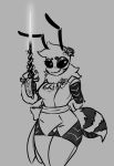  anthro arthropod bee black_eyes breasts clothed clothing female flower fur hi_res hijackerdraws_(artist) holding_object holding_weapon hymenopteran insect melee_weapon monochrome multicolored_body multicolored_fur non-mammal_breasts plant simple_background smile solo sword two_tone_body two_tone_fur weapon 