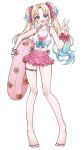  1girl :d alternate_costume animal_print bikini blonde_hair blue_bow blue_eyes blue_hair blue_nails bow bow_bikini breasts cleavage collarbone commentary deal_with_it_(meme) dog_print fang frilled_bikini frills gradient_hair hair_bow high-waist_bikini highres holding holding_swim_ring layered_bikini light_blue_hair link!_like!_love_live! long_hair long_legs love_live! medium_breasts meme midriff multicolored_hair nail_polish nin_(niyuu_mo9) open_mouth osawa_rurino parted_bangs pink_bikini pink_bow pink_nails print_innertube simple_background skin_fang smile solo standing swim_ring swimsuit tachi-e thigh_strap toenail_polish toenails twintails virtual_youtuber w white_background white_bikini 