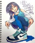  1girl air_jordan air_jordan_1 breasts character_name cleavage dated gundam gundam_zz happy_birthday highres k1y054 marker_(medium) photo pointing purple_eyes purple_hair roux_louka shoes sneakers solo squatting traditional_media 