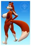  2:3 3d_(artwork) anthro bikini blue_eyes border breasts brown_body brown_fur butt canid canine canis clothing colleen collie confident digital_media_(artwork) domestic_dog female fur gradient_background herding_dog looking_back mammal pastoral_dog proud road_rovers sheepdog side_boob simple_background smile solo sorok17 swimwear thong underwear union_jack white_body white_border white_fur 