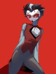 3:4 anthro avian avian_demon bird demon eyewear formal_clothing formal_wear frown fur glasses grey_body grey_fur grey_hair hair helluva_boss hi_res kneeling looking_at_viewer male owl owl_demon red_background red_eyes short_hair simple_background solo stolas_(helluva_boss) sunglasses teathekook white_face