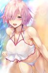  1girl bangs bare_shoulders bikini blush breasts cleavage collarbone fate/grand_order fate_(series) hair_over_one_eye highres kurowa large_breasts lavender_hair looking_at_viewer mash_kyrielight multicolored multicolored_bikini multicolored_clothes open_mouth purple_eyes rainbow_bikini sheer_clothes short_hair smile striped striped_bikini swimsuit swimsuit_of_perpetual_summer_ver.02 