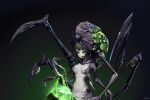  1girl abathur alien bangs black_sclera breasts brown_hair claws commentary commission dark_background extra_arms gradient gradient_background green_background green_eyes highres looking_at_viewer medium_breasts monster monster_girl navel overlord_(overlord80000) personification sharp_teeth signature solo starcraft stomach teeth zerg_(starcraft) 