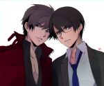  2boys alternate_costume black_hair blue_eyes blue_neckwear brown_hair coat commentary dual_persona glasses highres hiyama_kiyoteru hiyama_kiyoteru_(vocaloid4) looking_at_viewer male_focus mouri multiple_boys parted_lips signature simple_background smile sweater upper_body vocaloid 