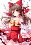  1girl absurdres bangs blush bow bowtie brown_hair detached_sleeves eyebrows_visible_through_hair flower frills hair_between_eyes hair_bow hair_tubes hakurei_reimu highres japanese_clothes long_hair looking_at_viewer miko mochizuki_shiina open_mouth red_bow ribbon-trimmed_sleeves ribbon_trim scan skirt skirt_set solo touhou water water_drop white_flower wide_sleeves yellow_bow yellow_eyes 