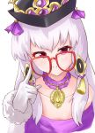  1girl closed_mouth fire_emblem fire_emblem:_three_houses fire_emblem_heroes glasses gloves hair_ornament hat highres lillian8710 long_hair lysithea_von_ordelia pink_eyes red-framed_eyewear simple_background smile solo upper_body white_background white_gloves white_hair 