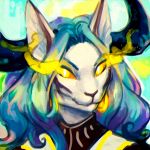  1:1 2019 animal_humanoid anthro backgound black_horn black_markings black_nose blue_hair cat_humanoid clothed clothing colored digital_drawing_(artwork) digital_media_(artwork) digital_painting_(artwork) domestic_cat ear_piercing ear_ring felid felid_humanoid feline feline_humanoid felis female fire_eyes fur glowing glowing_eyes hair horn horned_humanoid humanoid magic male mammal mammal_humanoid markings piercing portrait rizonik shaded simple_background smile solo sparkles white_body white_fur 