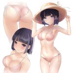  1girl armpits arms_up ass ass_visible_through_thighs bangs bare_arms bare_shoulders bikini black_hair blunt_bangs blush bob_cut breasts brown_headwear cleavage closed_mouth collarbone commentary_request eyebrows_visible_through_hair hands_on_headwear hat hat_ribbon highres iwanishi looking_at_viewer medium_breasts multiple_views navel original pink_bikini purple_eyes ribbon short_hair side-tie_bikini simple_background smile stomach sun_hat swimsuit thigh_gap white_background white_ribbon 