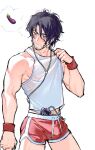  1boy bara beard_stubble black_hair bulge clive_rosfield closed_mouth cowboy_shot earphones eggplant_emoji english_commentary facial_hair facial_tattoo final_fantasy final_fantasy_xvi image_in_thought_bubble looking_back male_focus medium_hair mori_doremi muscular muscular_male navel_hair_peek nipples pectorals red_shorts red_wristband see-through short_shorts shorts sidepec solo stubble sweat tank_top tattoo white_tank_top 